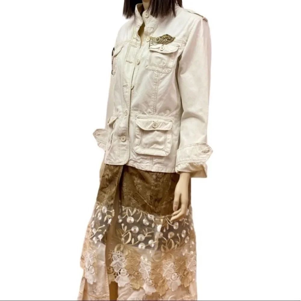 Ivory Denim Brown Stitch Button Down Tiered Lace Long Boho Punk Trench Jacket
